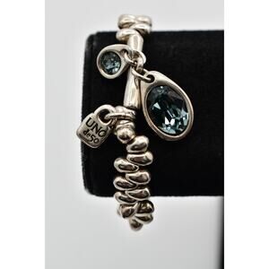 UnoDe50 Stretchy Rubber Band Bracelet Blue Crystal Charm Silver Tone Signed Bin5